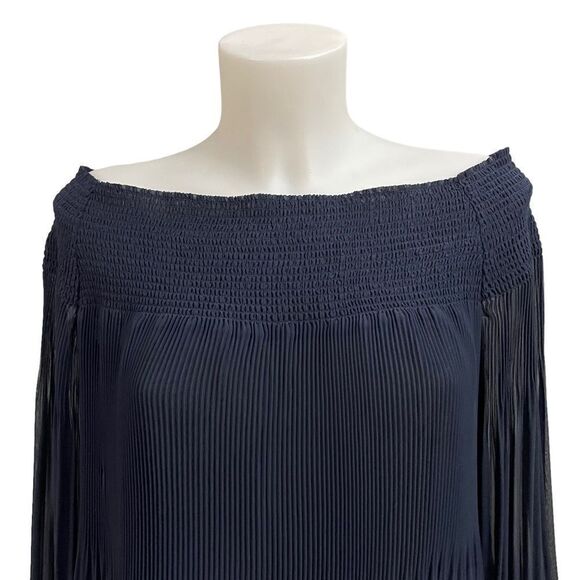 CLASSIQUES ENTIER Navy Chiffon Smocked Off Shoulder Pleated Lace Hem Top sz M - Picture 4 of 9